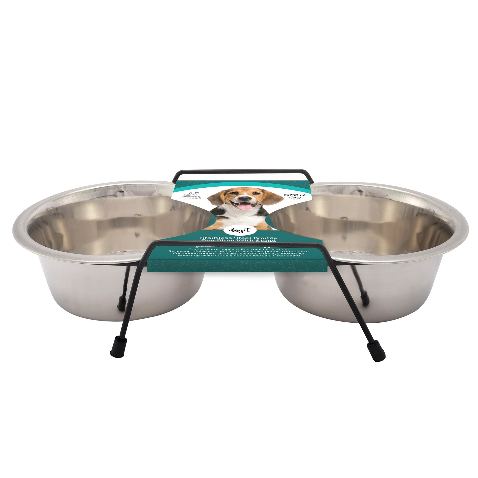 Dogit Stainless Steel Double Dog Diner - Medium - 2 x 750ml Bowls and Stand