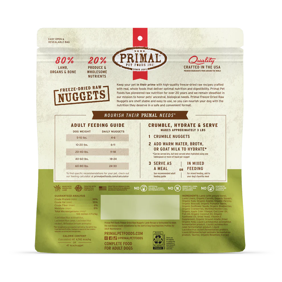 Primal Freeze Dried Raw Nuggets Dog Food Lamb Recipe - 14oz
