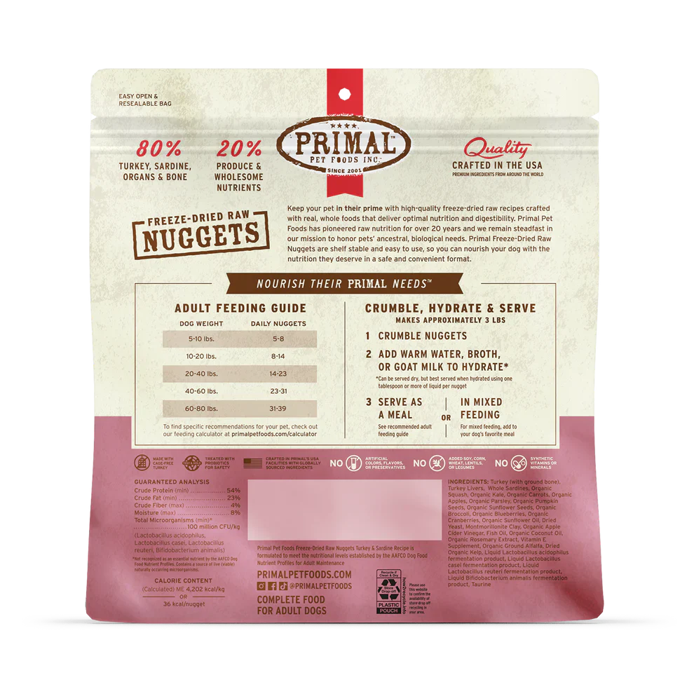 Primal Freeze Dried Raw Nuggets Dog Food Turkey & Sardine Recipe - 14oz