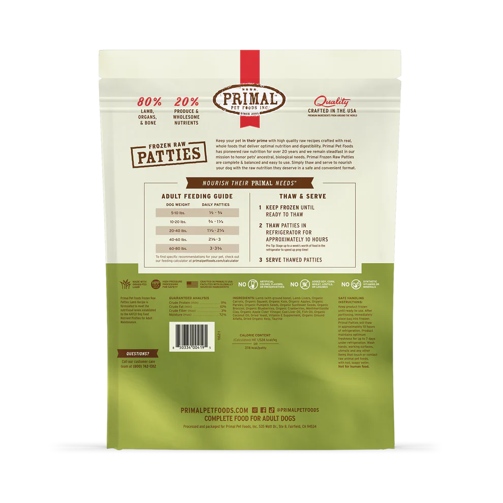 Primal Patties Lamb Recipe Raw Frozen Dog Food - 6lb