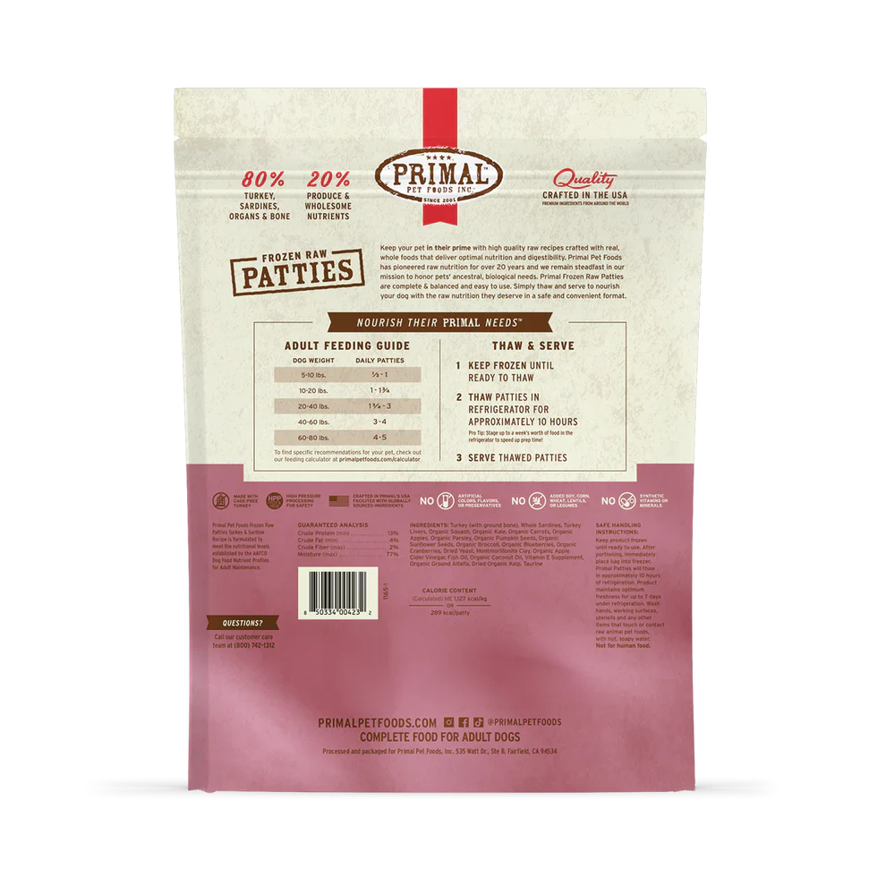 Primal Patties Turkey & Sardine Recipe Raw Frozen Dog Food - 18lb