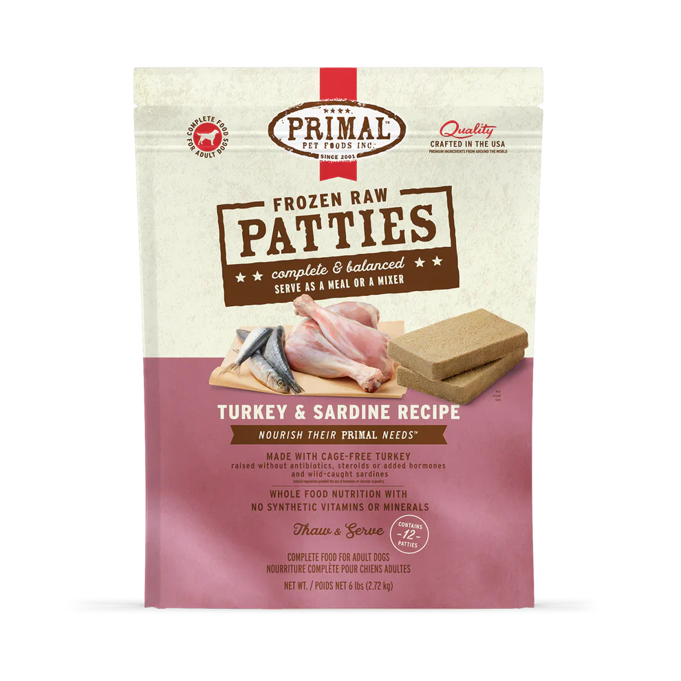 Primal Patties Turkey & Sardine Recipe Raw Frozen Dog Food - 18lb