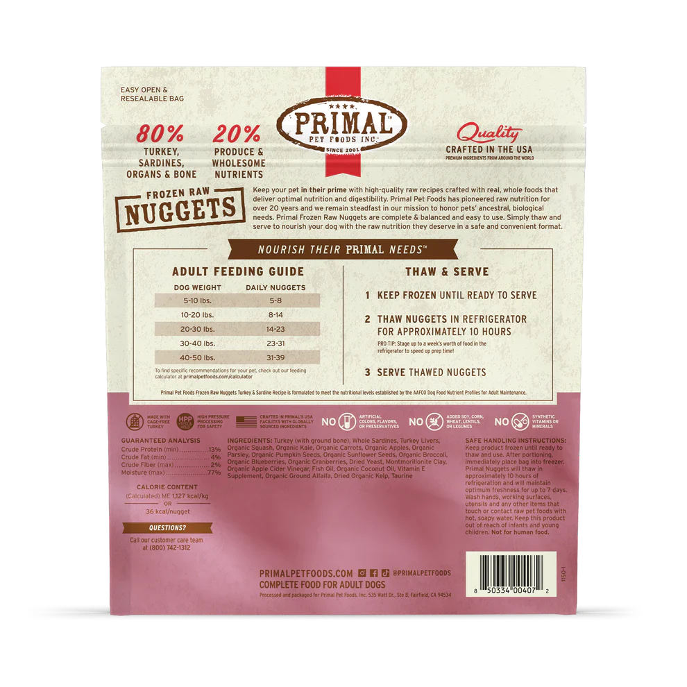Primal Nuggets Turkey & Sardine Recipe Raw Frozen Dog Food - 3lb