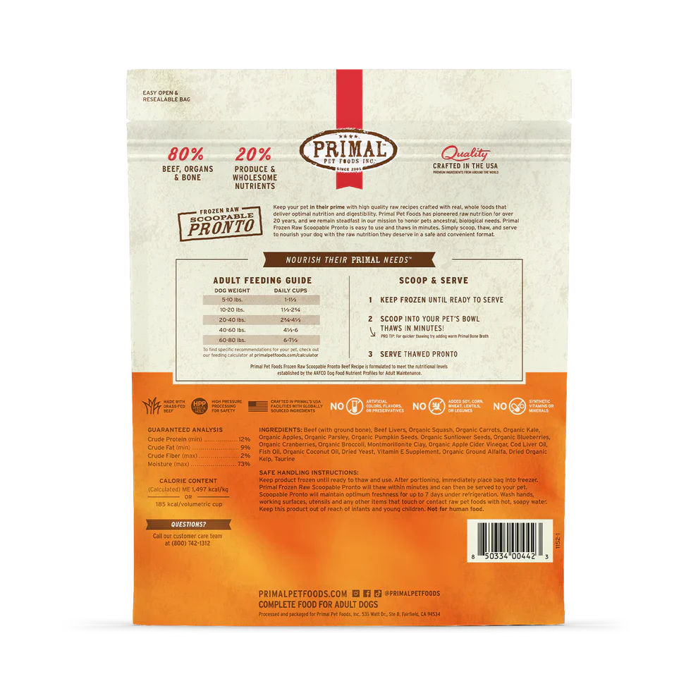Primal Scoopable Pronto Beef Recipe Raw Frozen Dog Food - 0.75lb