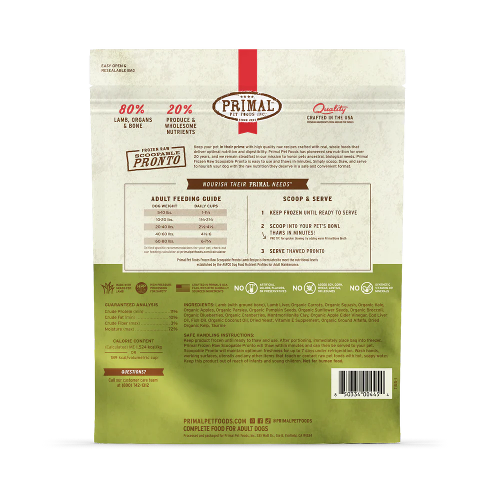 Primal Scoopable Pronto Lamb Recipe Raw Frozen Dog Food - 4lb