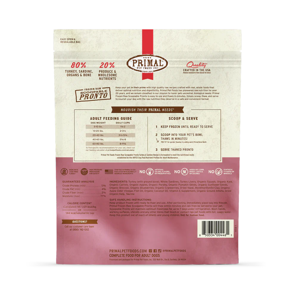 Primal Scoopable Pronto Turkey & Sardine Recipe Raw Frozen Dog Food - 4lb