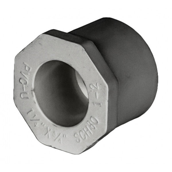PVC Reducer Bushing - Schedule 80 - Grey - Spigot x Socket - 1 1/4 Inch to 3/4 Inch