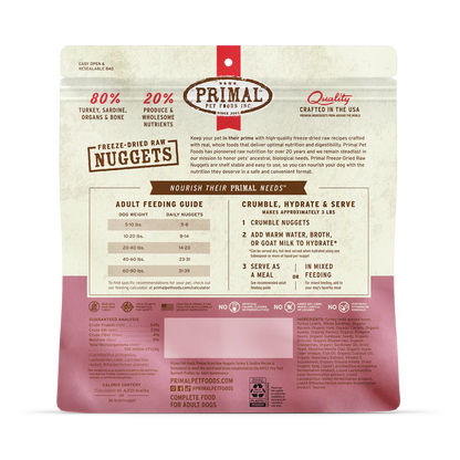 Primal Freeze Dried Raw Nuggets Dog Food Turkey & Sardine Recipe - 14oz