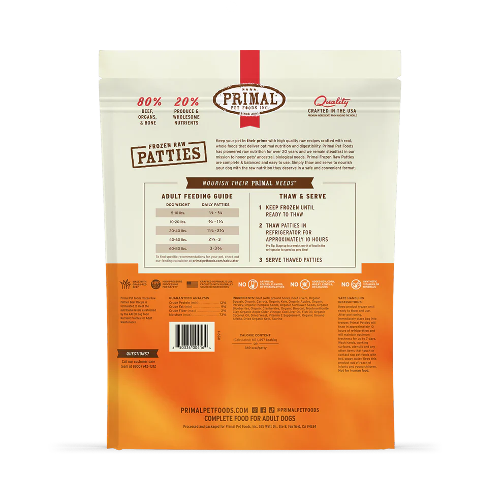 Primal Patties Beef Recipe Raw Frozen Dog Food - 18lb