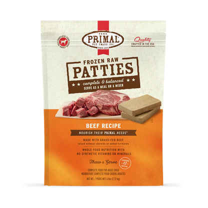 Primal Patties Beef Recipe Raw Frozen Dog Food - 18lb