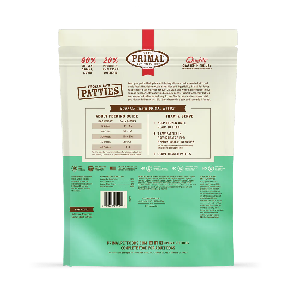 Primal Patties Chicken Recipe Raw Frozen Dog Food - 18lb