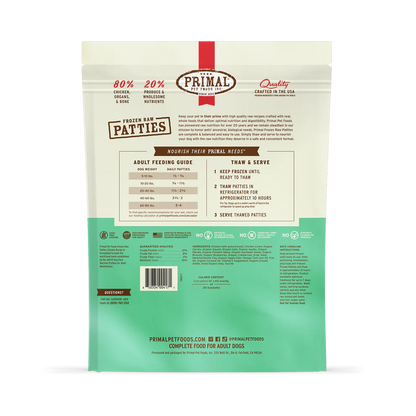 Primal Patties Chicken Recipe Raw Frozen Dog Food - 18lb