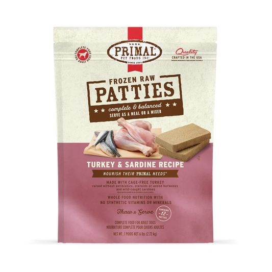 Primal Patties Turkey & Sardine Recipe Raw Frozen Dog Food - 6lb