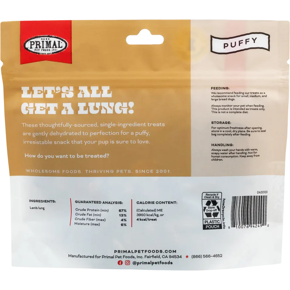 Primal Let’s All Get a Lung Dehydrated Dog Treats Lamb Recipe - 1.5oz