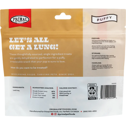 Primal Let’s All Get a Lung Dehydrated Dog Treats Lamb Recipe - 1.5oz