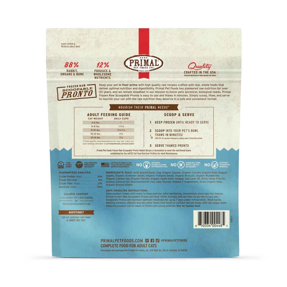 Primal Scoopable Pronto Rabbit Recipe Raw Frozen Cat Food - 1lb
