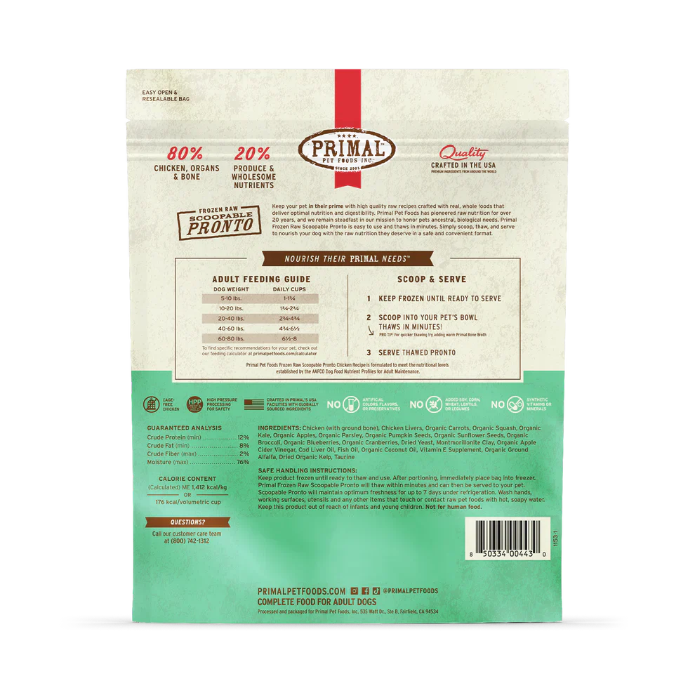 Primal Scoopable Pronto Chicken Recipe Raw Frozen Dog Food - 0.75lb