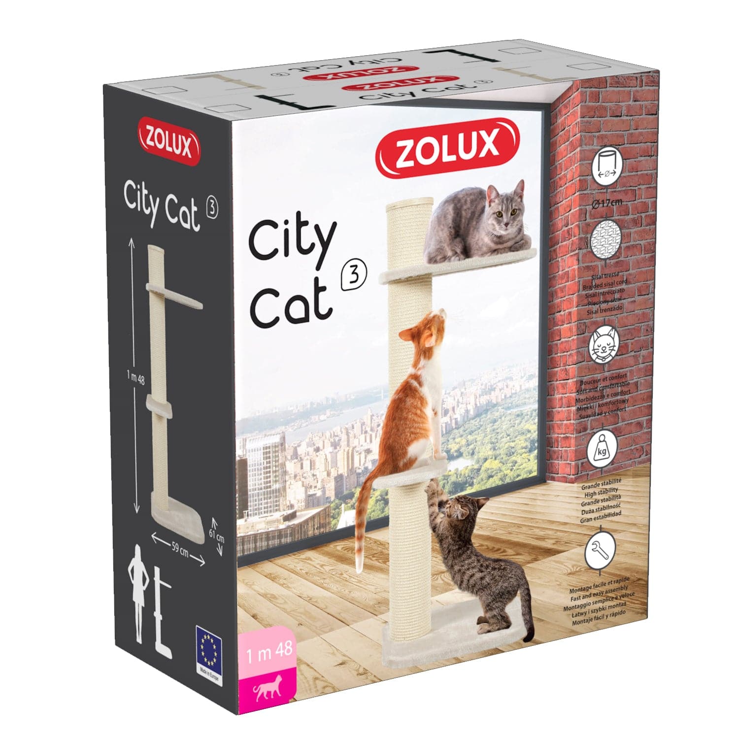 Zolux City Cat 3 Scratching Post with 2 Platforms - Beige - 59 x 61 x 148 cm - The Pet Source