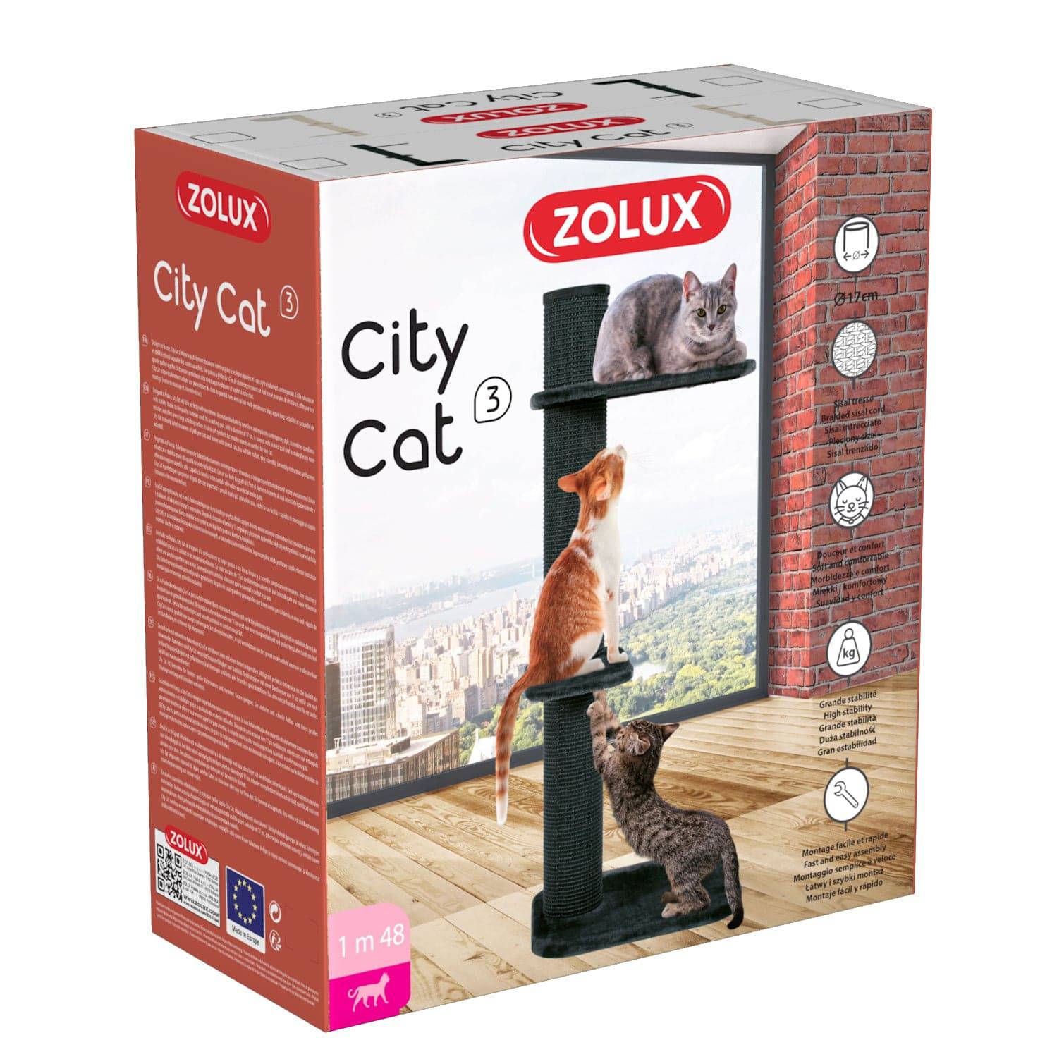 Zolux City Cat 3 Scratching Post with 2 Platforms - Grey - 59 x 61 x 148 cm - The Pet Source