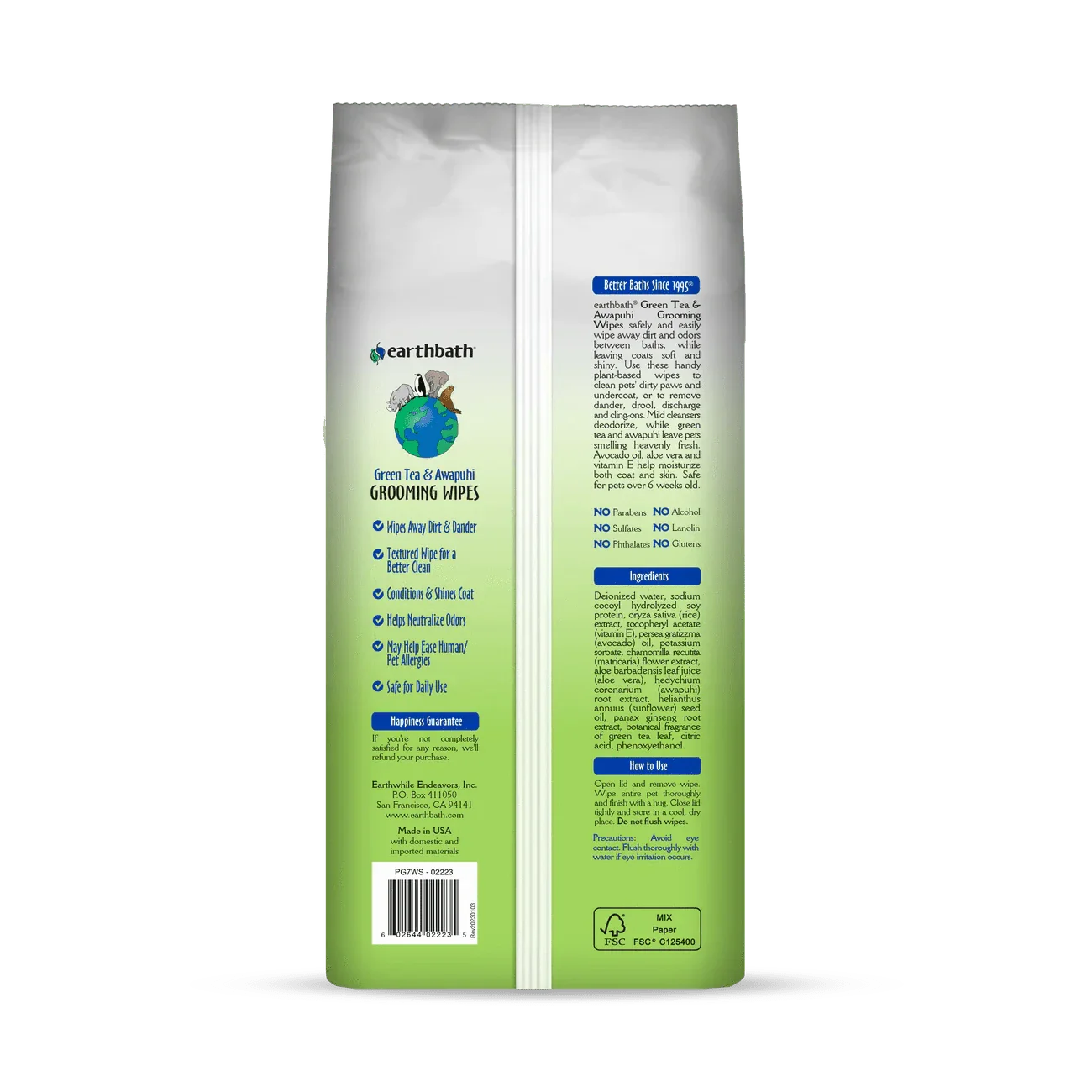 earthbath Grooming Wipes - Green Tea & Awapuhi - 100 Wipes - The Pet Source