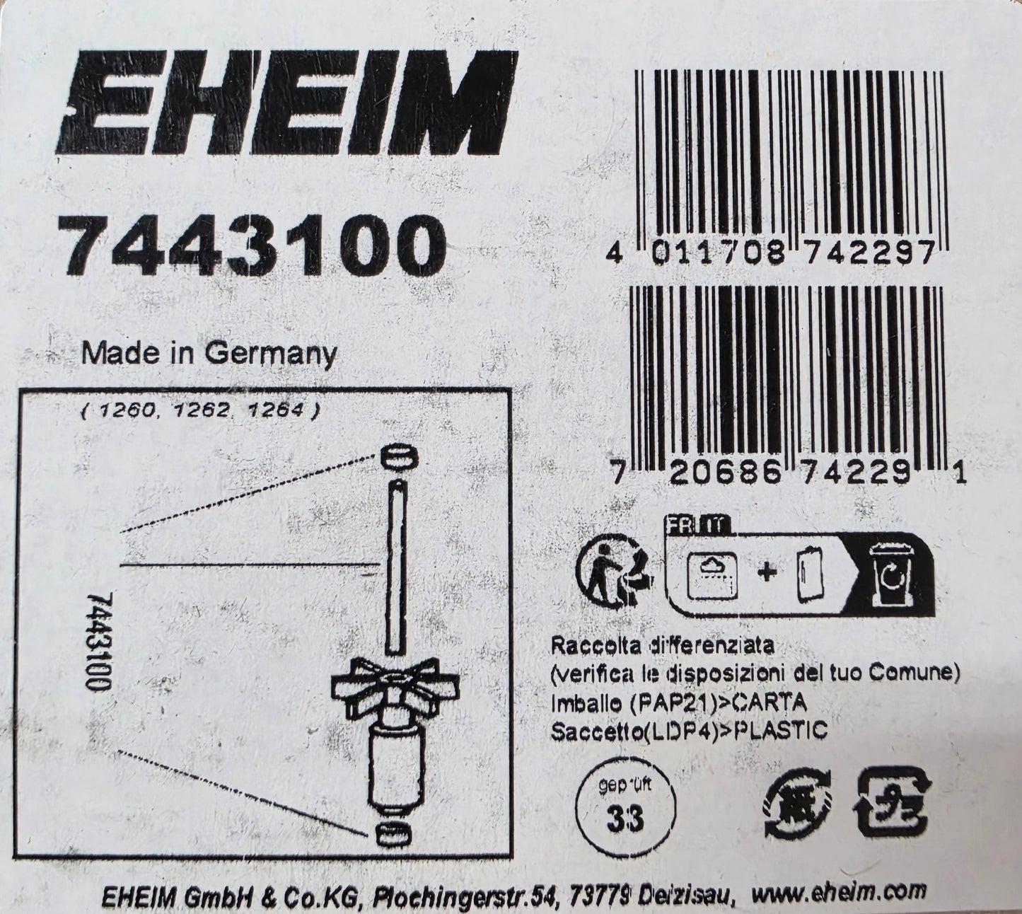 Eheim Replacement Part - Shaft and Bushings for Universal 1260/1262 (7443100)