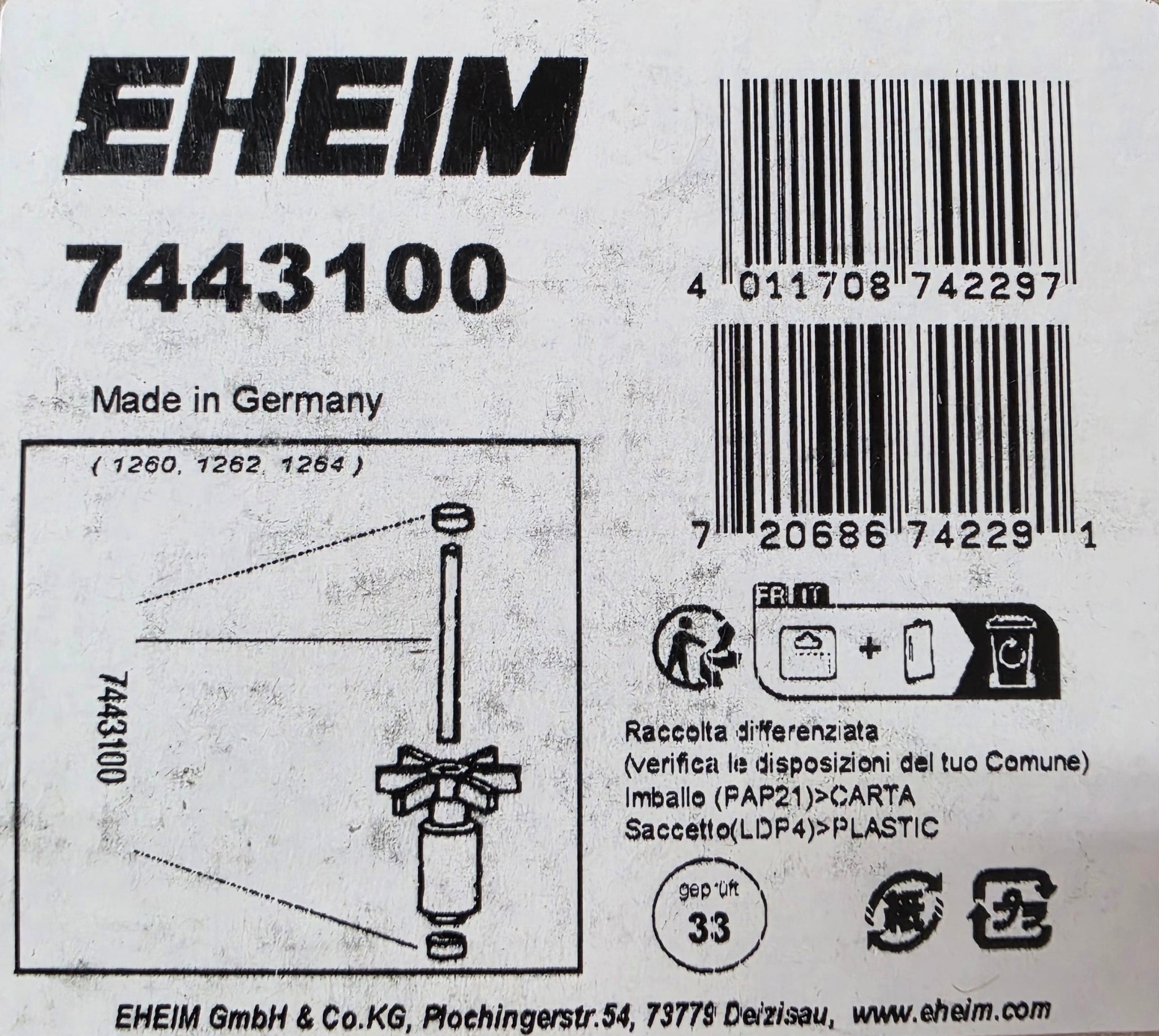Eheim Replacement Part - Shaft and Bushings for Universal 1260/1262 (7443100)
