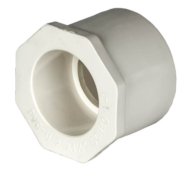 PVC Reducer Bushing - Schedule 40 - White - Spigot x Socket - 2 Inch to 1-1/4 Inch