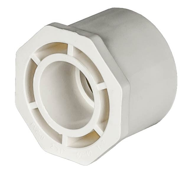 PVC Reducer Bushing - Schedule 40 - White - Spigot x Socket - 2 Inch to 1 Inch